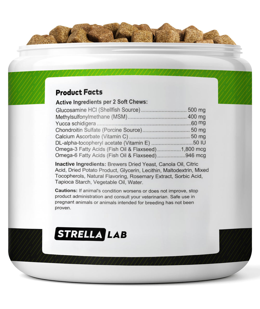 STRELLALAB dog glucosamine packaging, USA-made quality highlighted on the bag.