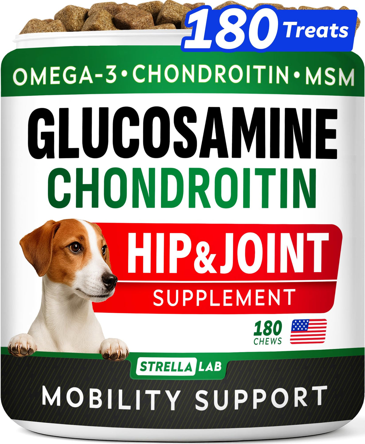 STRELLALAB glucosamine for dogs bottle showing tasty chews for joint support