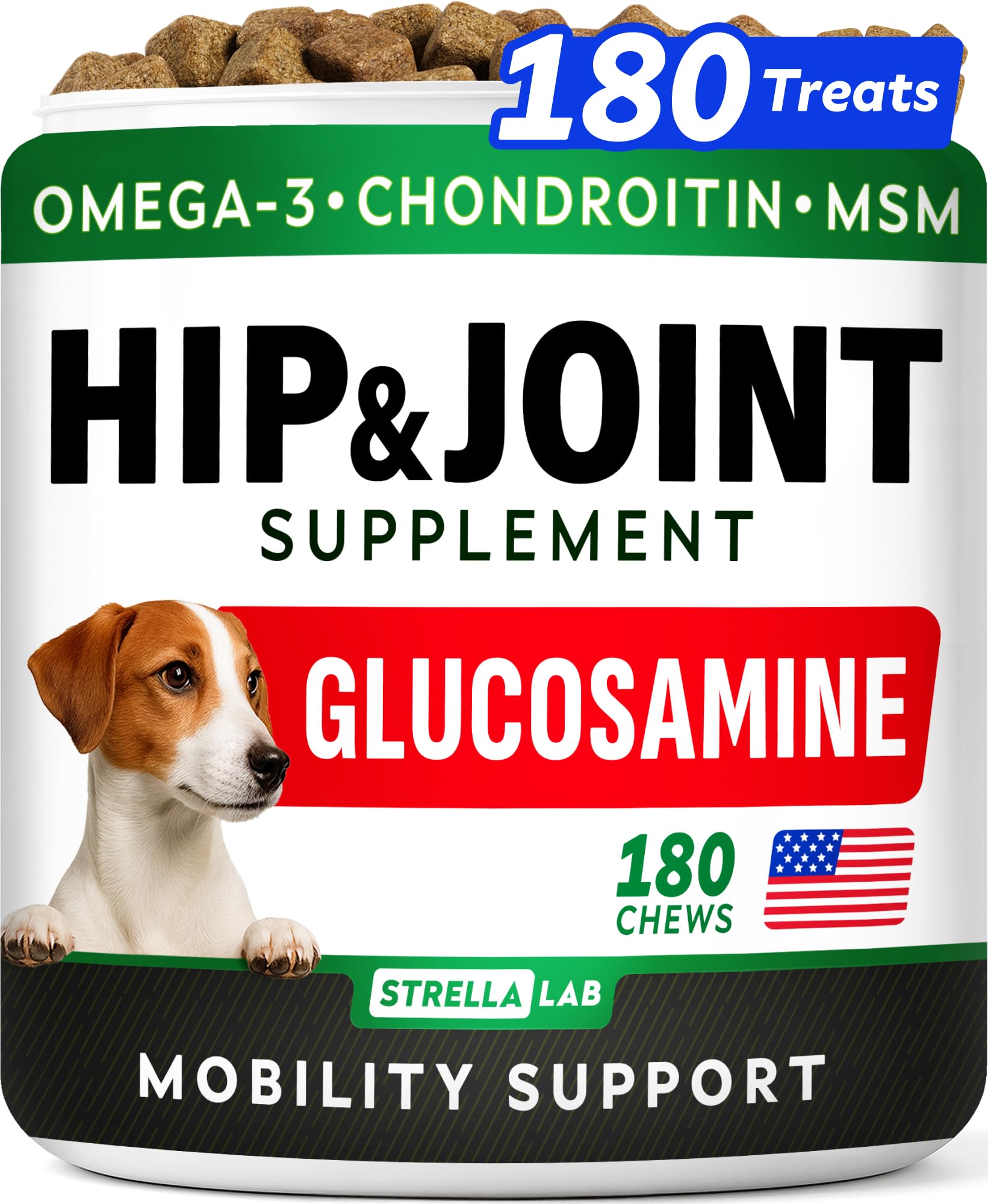 STRELLALAB glucosamine for dogs bottle—tasty chews supporting joint comfort and mobility.