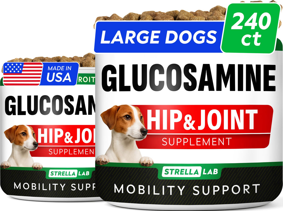 Strellalab glucosamine dogs chews bottle shows convenient joint support for daily mobility.
