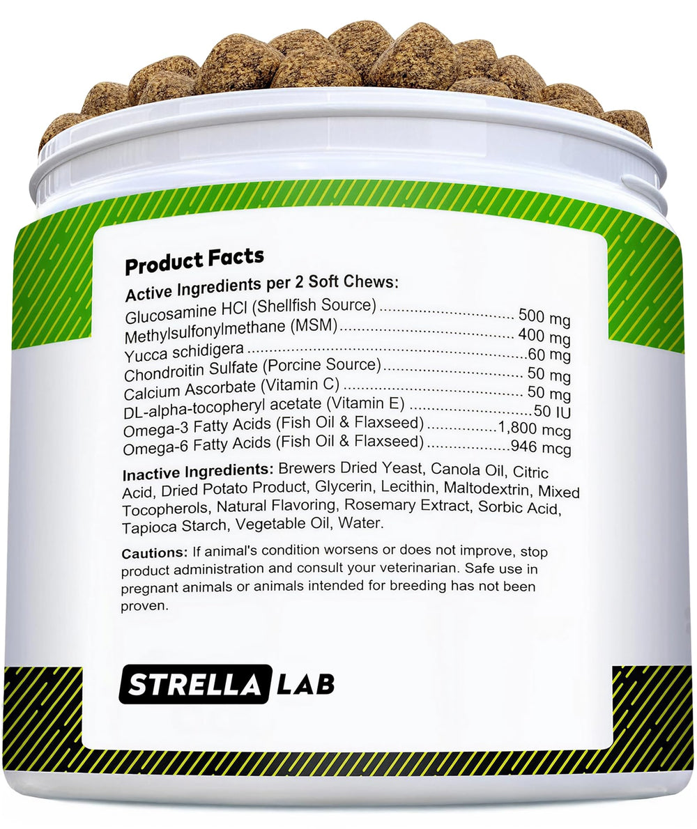 Closeup of STRELLALAB dog chews highlighting bacon flavor for daily care.