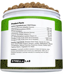 Closeup of STRELLALAB dog chews highlighting bacon flavor for daily care.