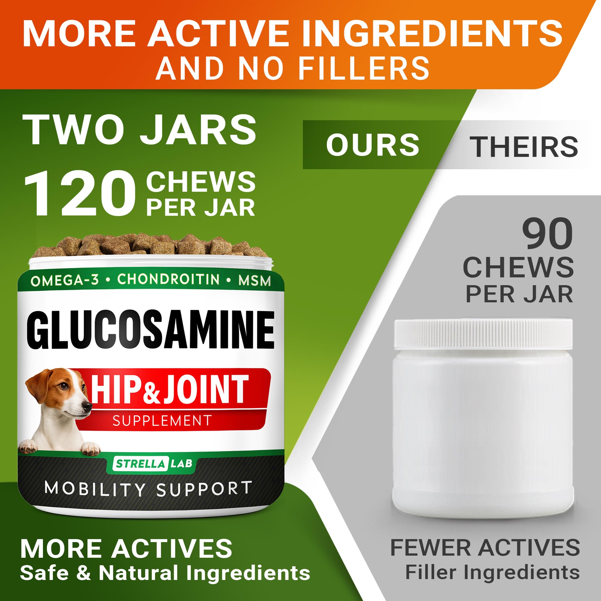 Front packaging emphasizes USA-made quality and joint care for dogs.