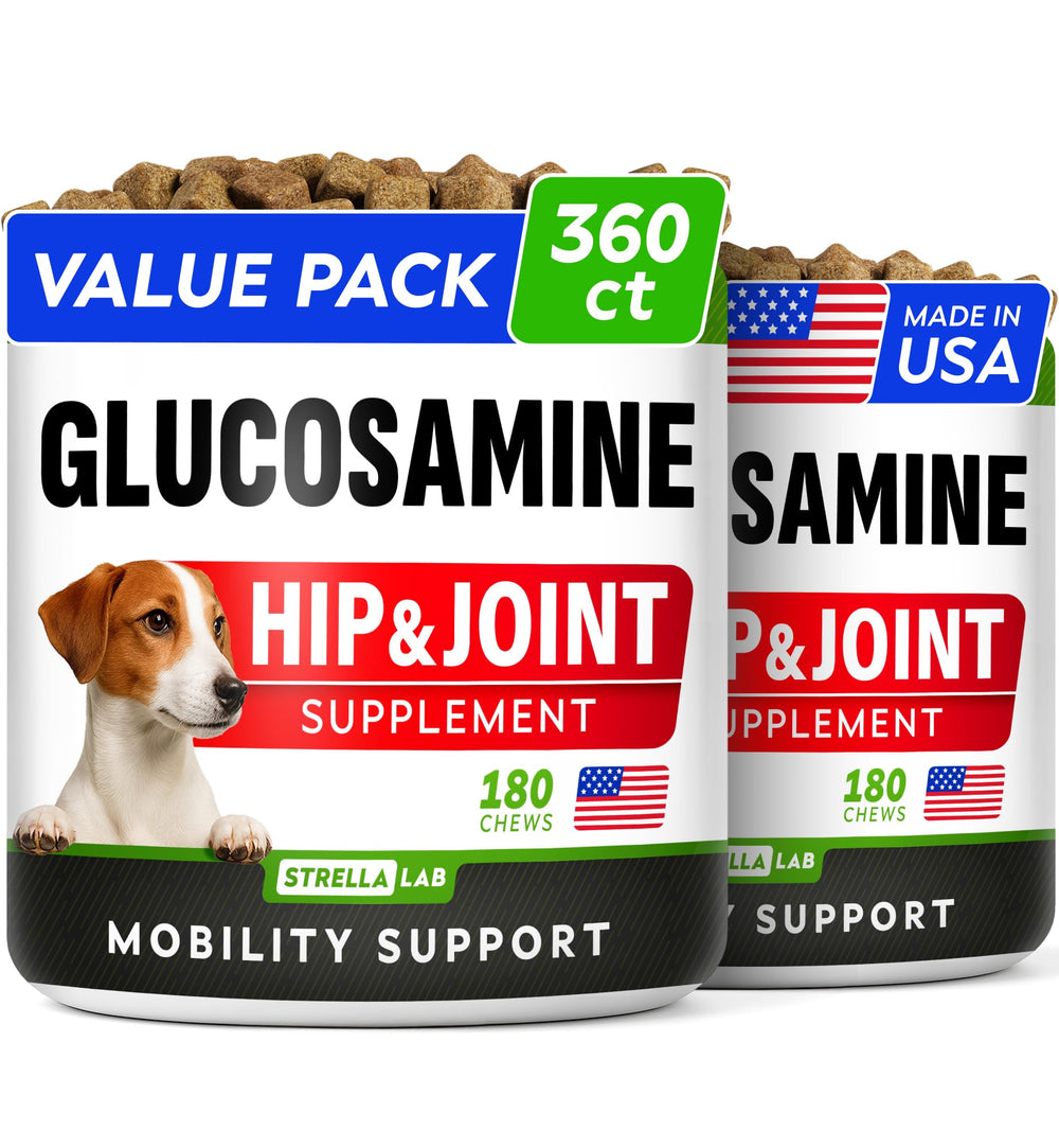 STRELLALAB glucosamine large dog chews pack front promoting joint support.
