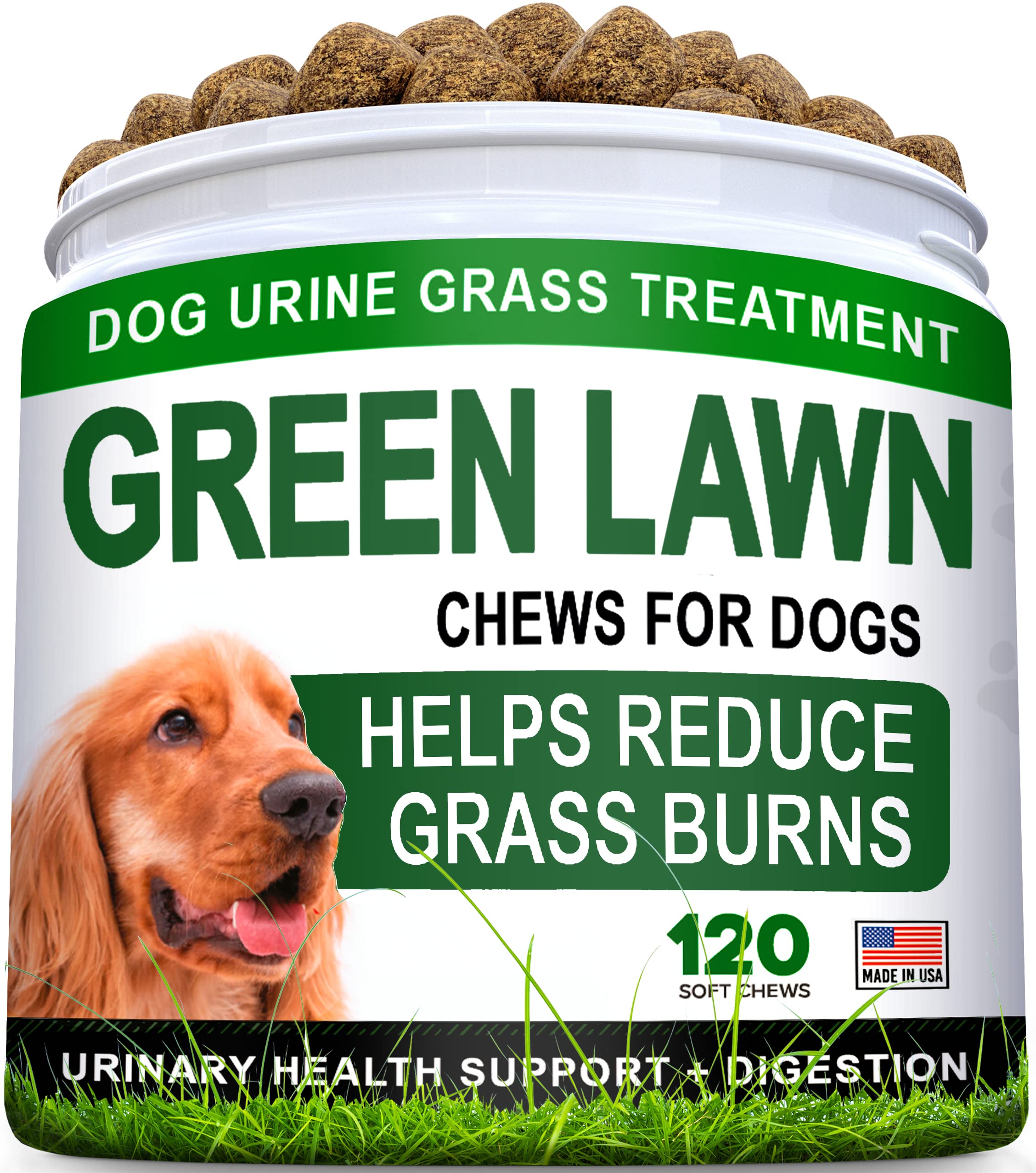 STRELLALAB Grass Burn Spot Chews packaging showing USA-made formula for stronger lawn health