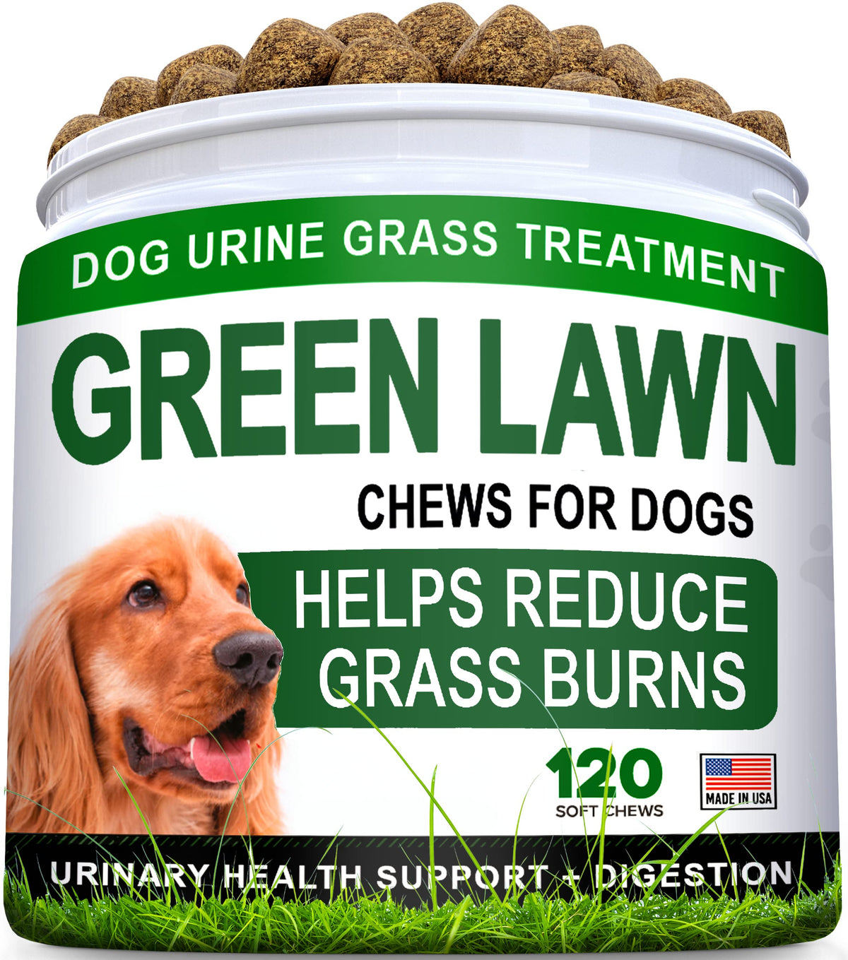 STRELLALAB Grass Burn Spot Chews packaging showing USA-made formula for stronger lawn health