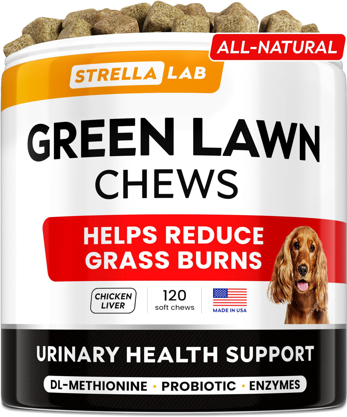 STRELLALAB Green Grass Chews packaging promotes lawn burn prevention and easy pet care.