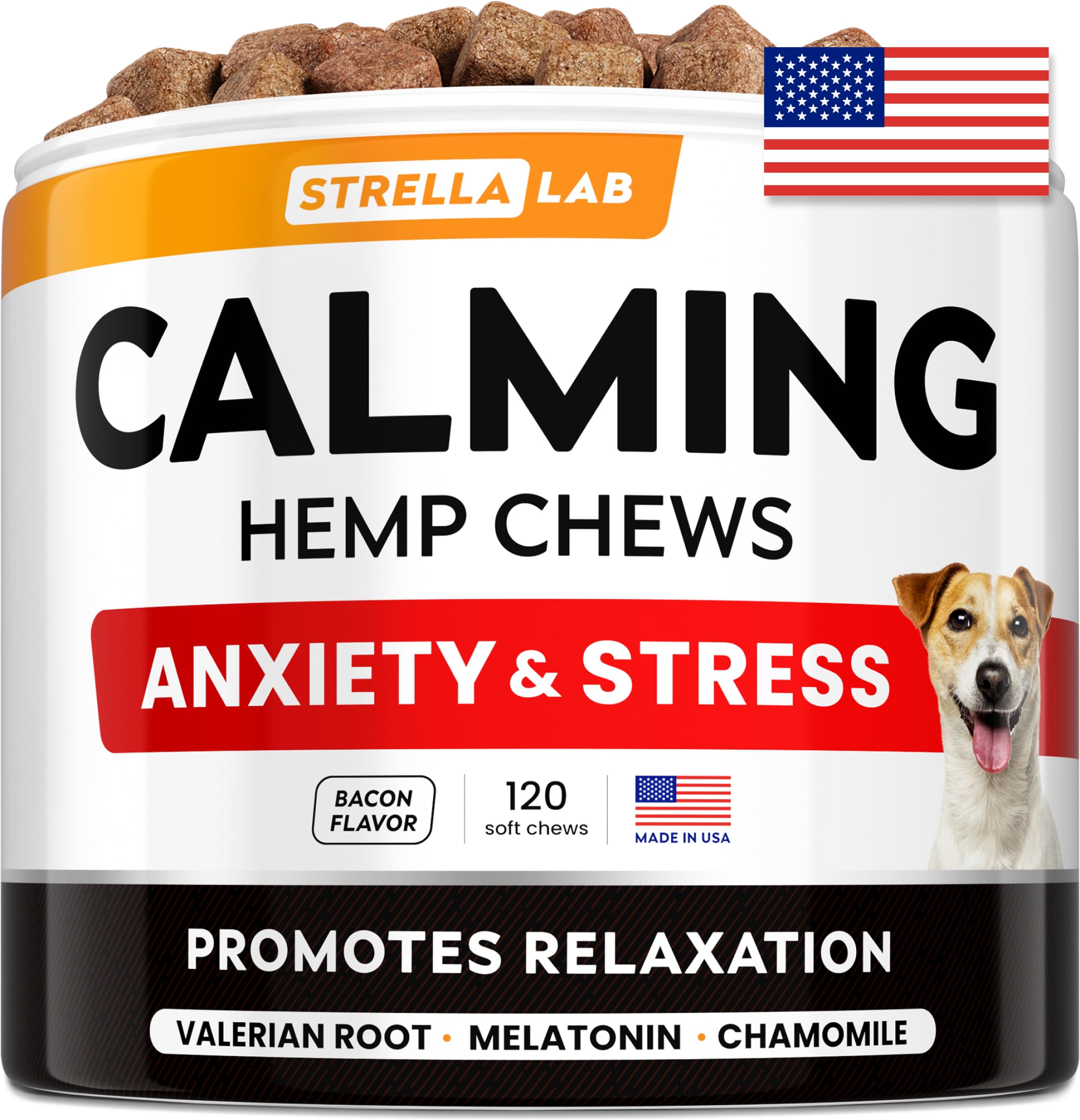 STRELLALAB hemp calming chews bottle front promotes calm moments for dogs.
