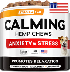 STRELLALAB hemp calming chews bottle front promotes calm moments for dogs.