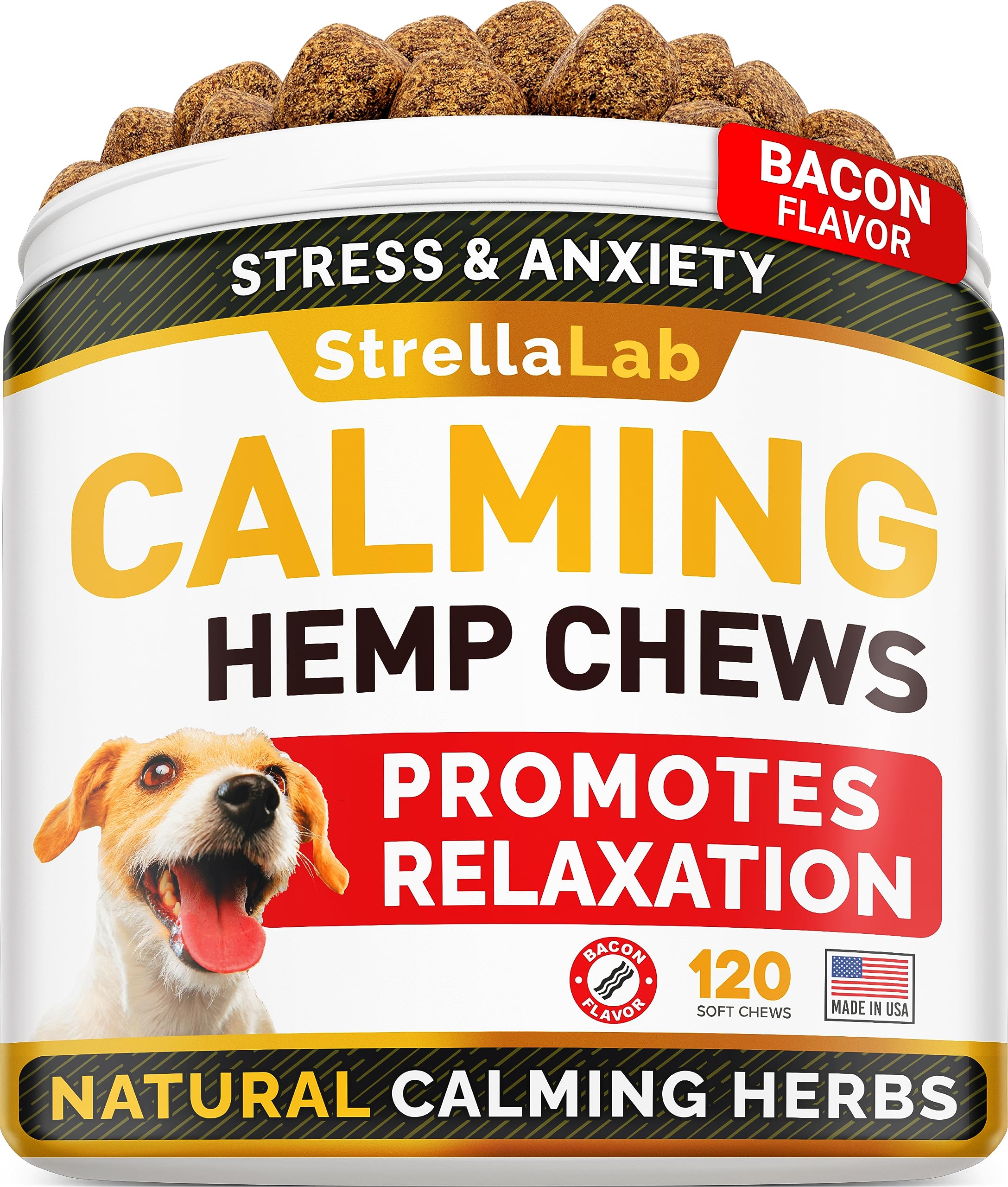 STRELLALAB Hemp Calming Chews bottle promotes peaceful behavior during stressful events.