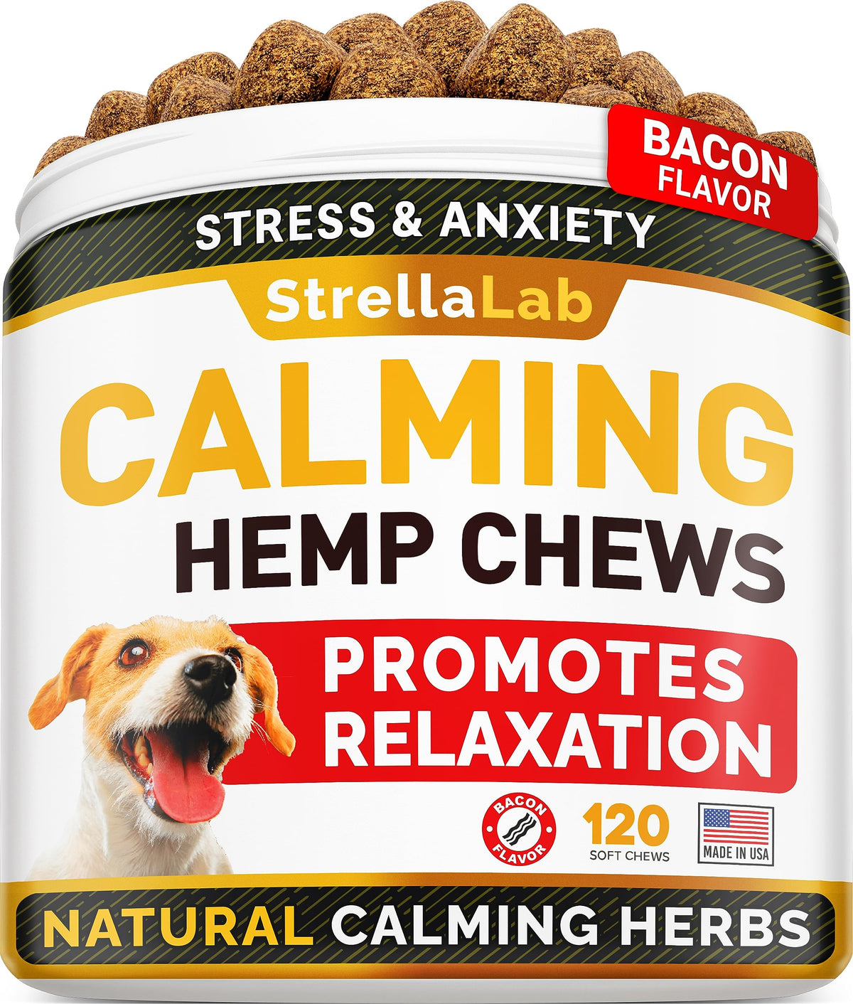 STRELLALAB Hemp Calming Chews bottle promotes peaceful behavior during stressful events.
