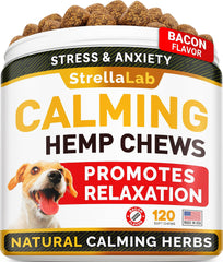 STRELLALAB Hemp Calming Chews bottle promotes peaceful behavior during stressful events.