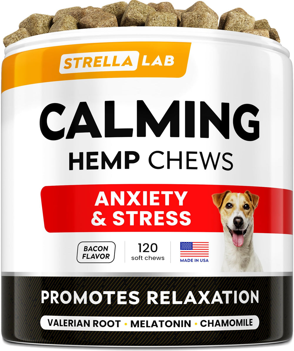 STRELLALAB Hemp Calming Chews bottle for dogs, easy daily relaxation