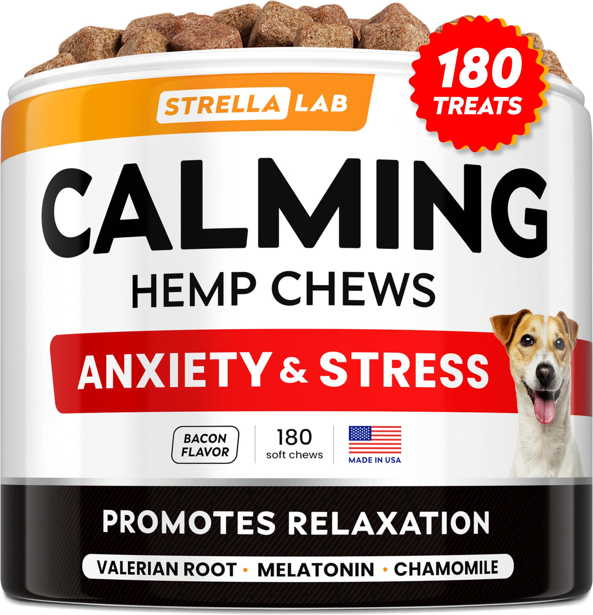 STRELLALAB Hemp Calming Chews bottle with treats promotes calming support during stressful events.