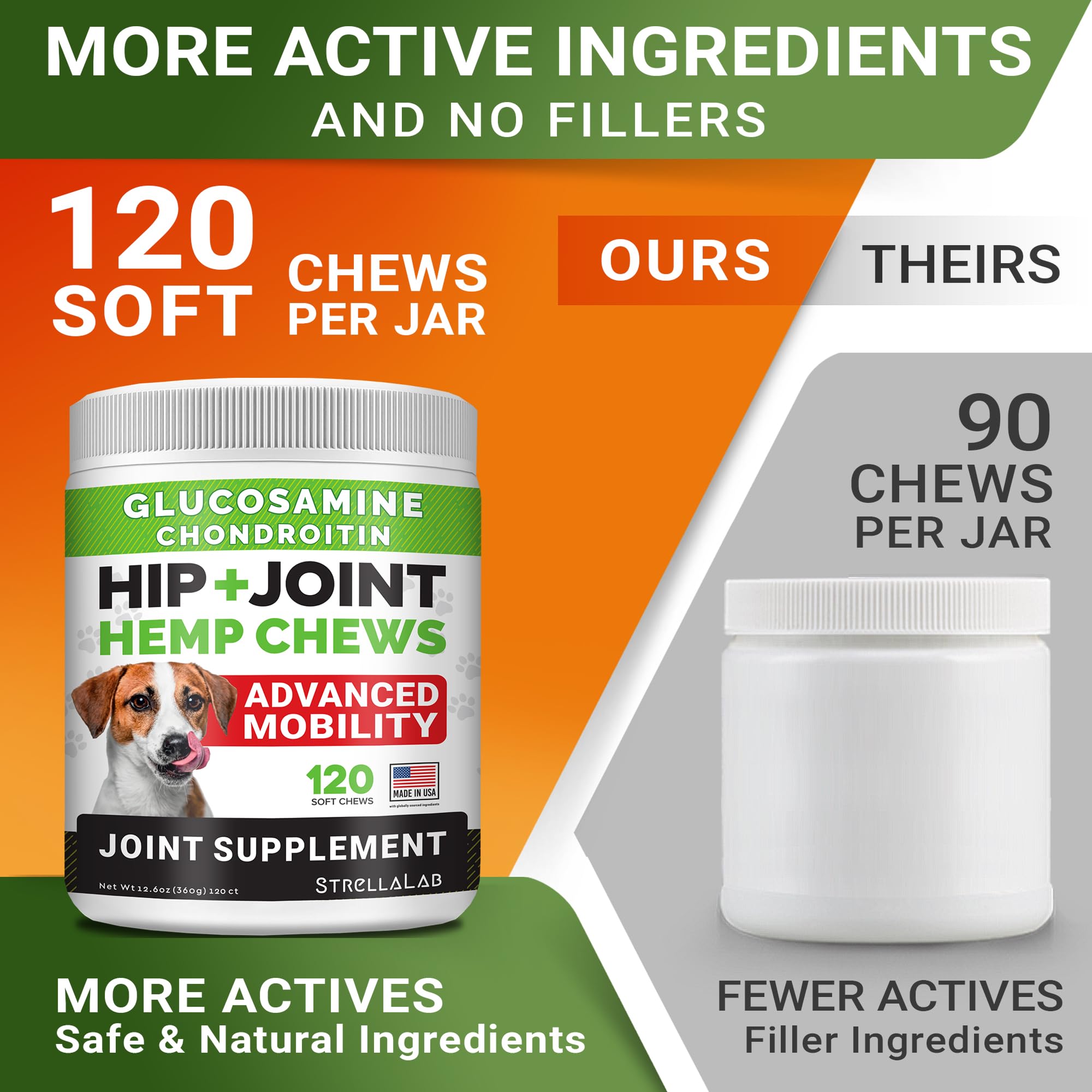 STRELLALAB Hemp Chews ingredients list with glucosamine and chondroitin benefits