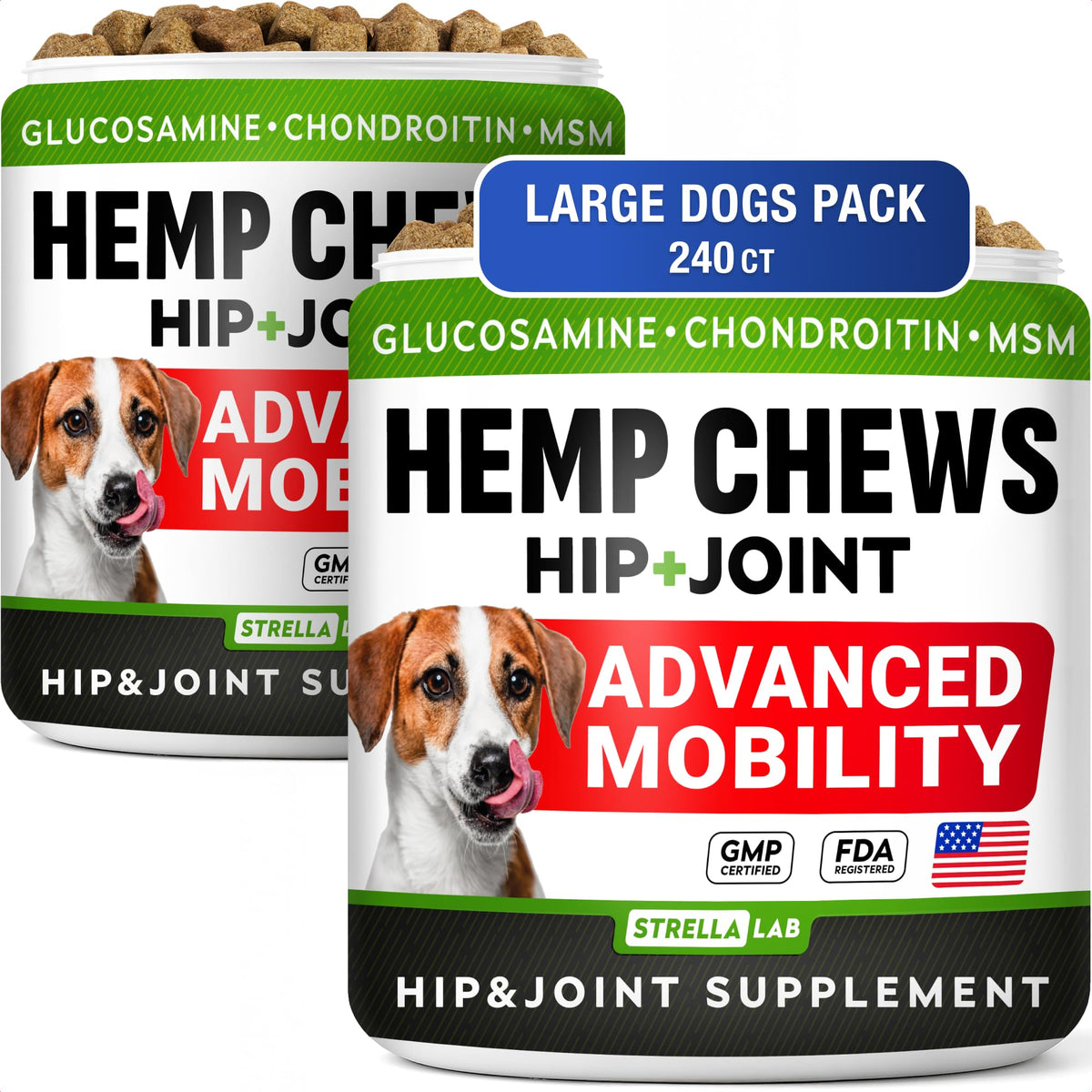 STRELLALAB large-breed hemp glucosamine dog chew supports joint mobility.