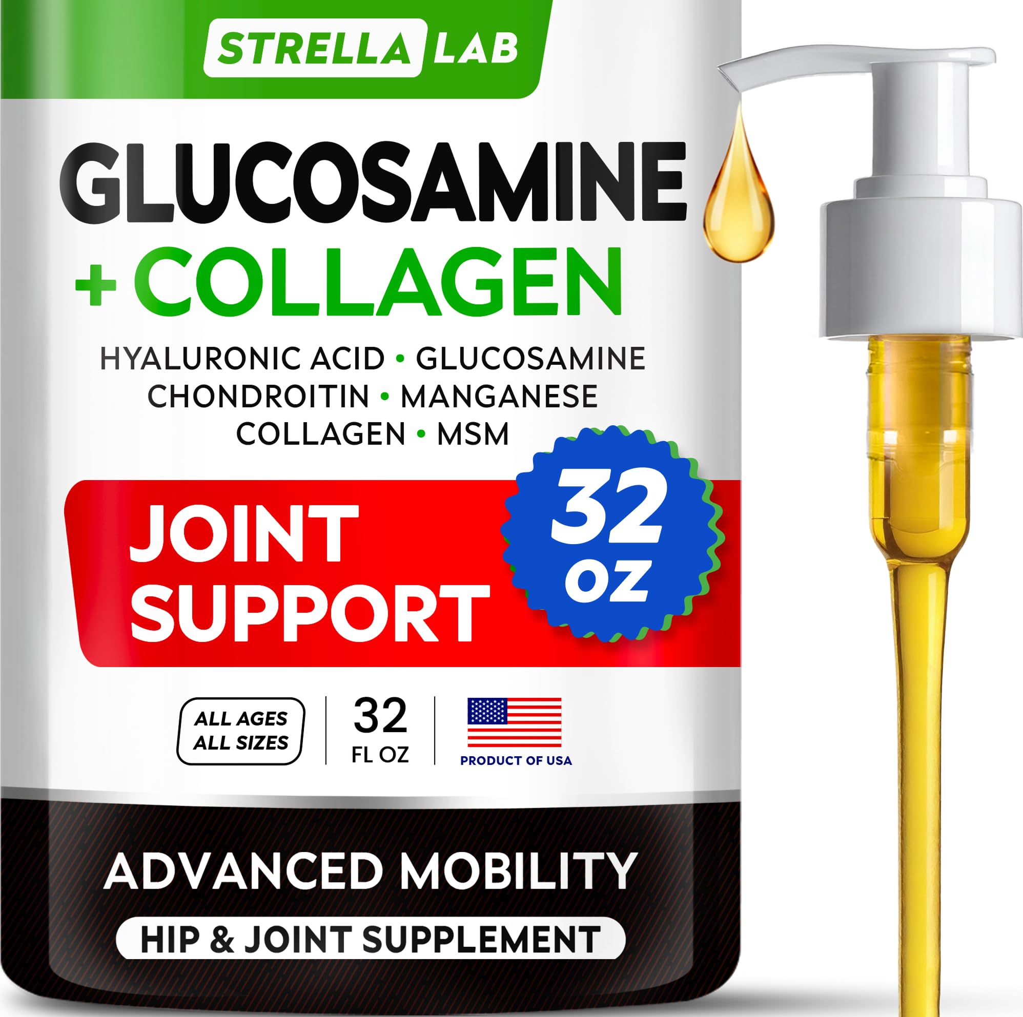 STRELLALAB liquid glucosamine bottle supports dog's joint health and mobility