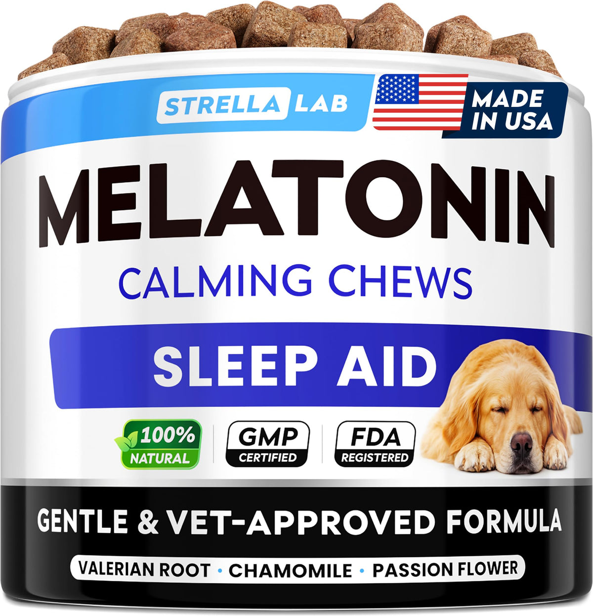 STRELLALAB melatonin dog treats 6mg promote calm at bedtime.