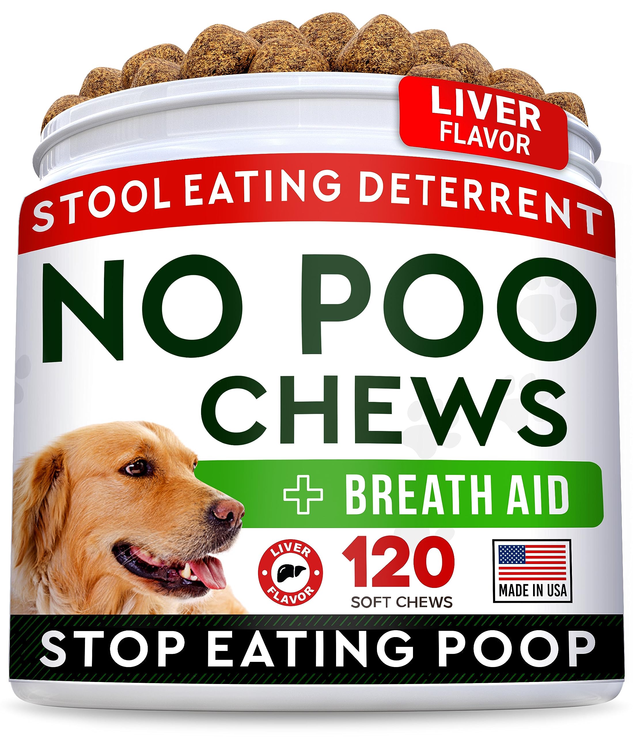 STRELLALAB No Poo Chews bottle label highlights liver flavor and probiotic blend for digestion