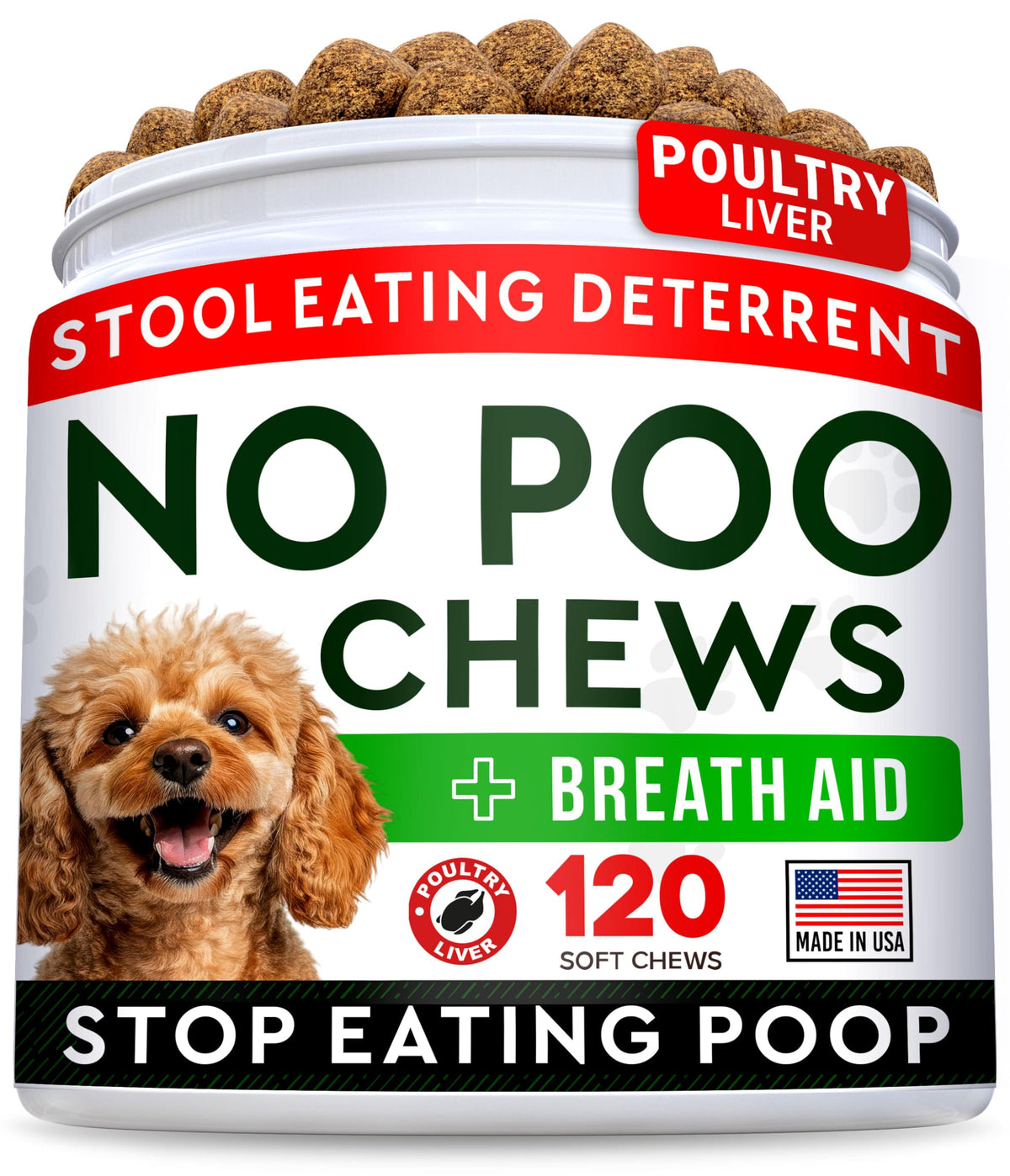 STRELLALAB No Poo Chews bottle offers easy, USA-made chews to deter stool eating.