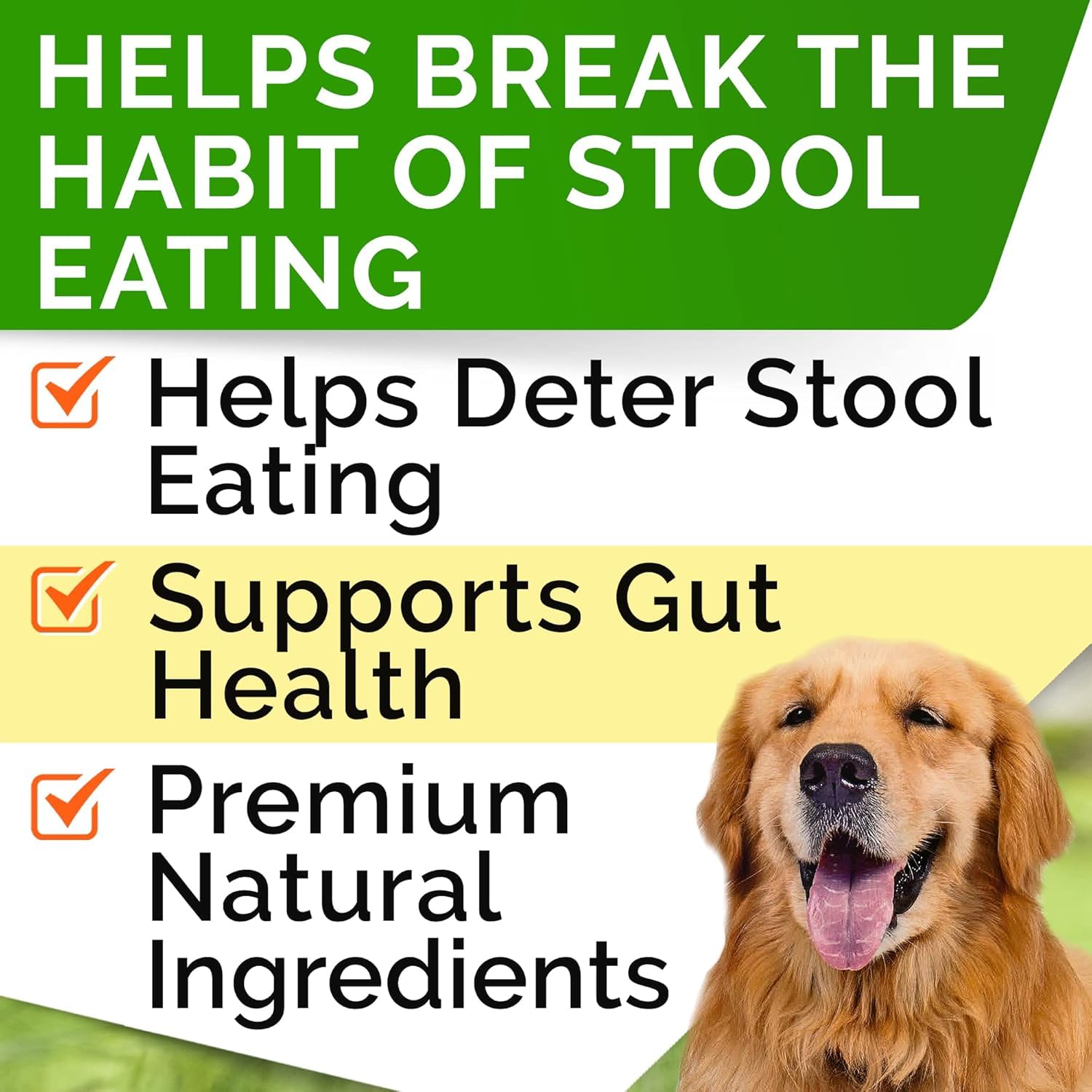 STRELLALAB No Poo Chews dog-tasting pack shows easy daily use to deter stool eating.
