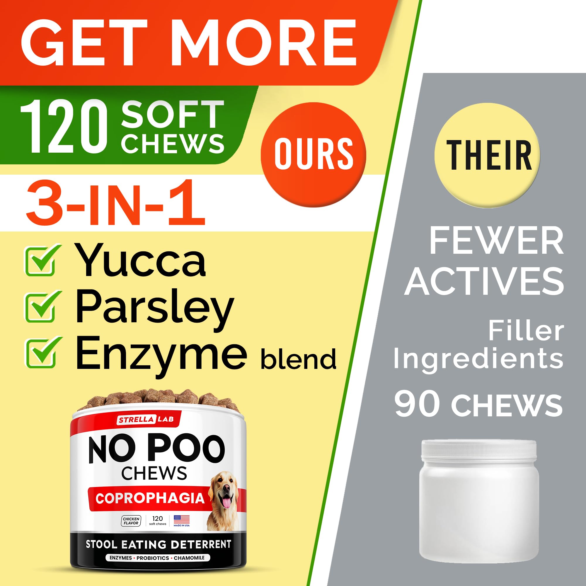 STRELLALAB No Poo Chews probiotics label close-up emphasizes gut-friendly ingredients.