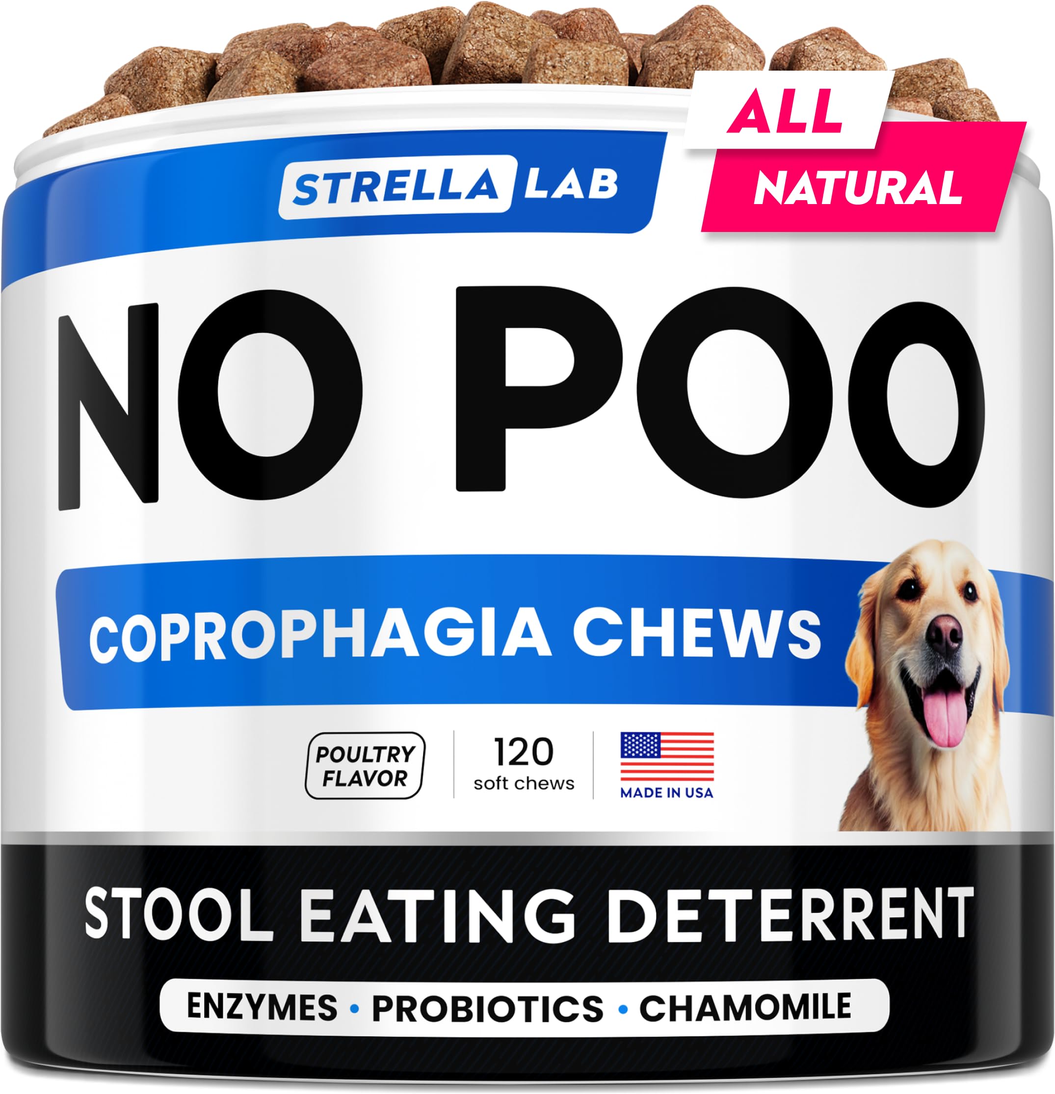STRELLALAB No Poo Chews turkey-flavor bottle helps support digestion and a cleaner home.
