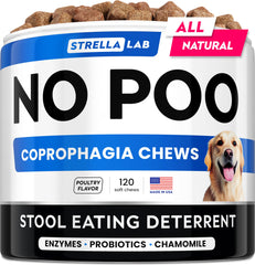 STRELLALAB No Poo Chews turkey-flavor bottle helps support digestion and a cleaner home.