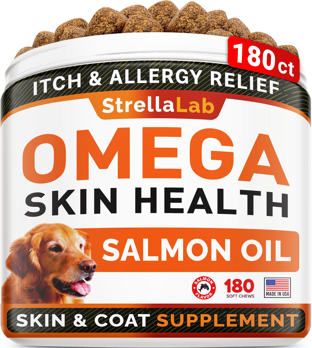 StrellaLab Omega 3 for Dogs bottle label highlights premium omega nutrition for healthy skin.