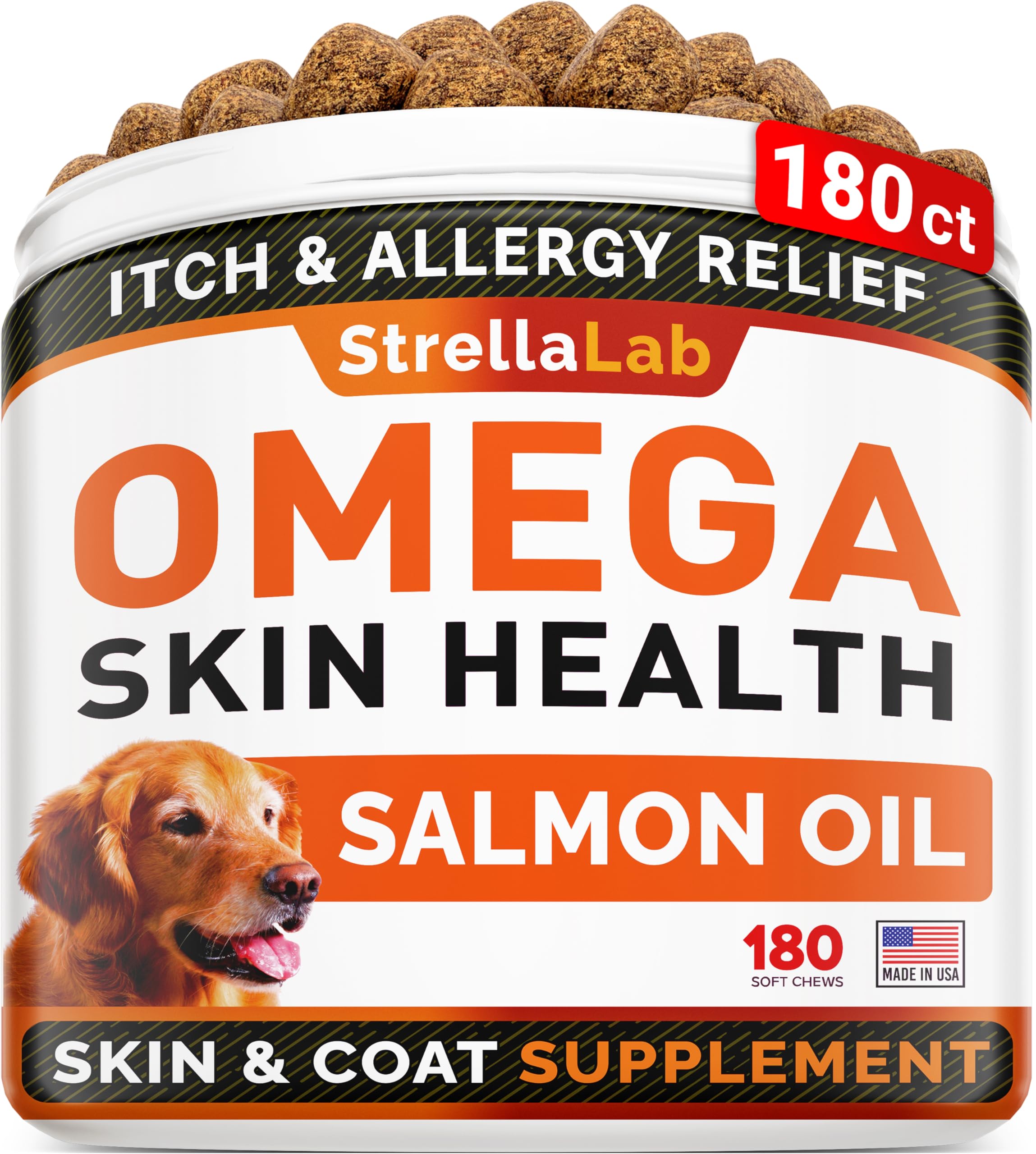 STRELLALAB Omega-3 for Dogs jar shows chewy treats supporting skin and coat health