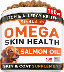 STRELLALAB Omega-3 for Dogs jar shows chewy treats supporting skin and coat health