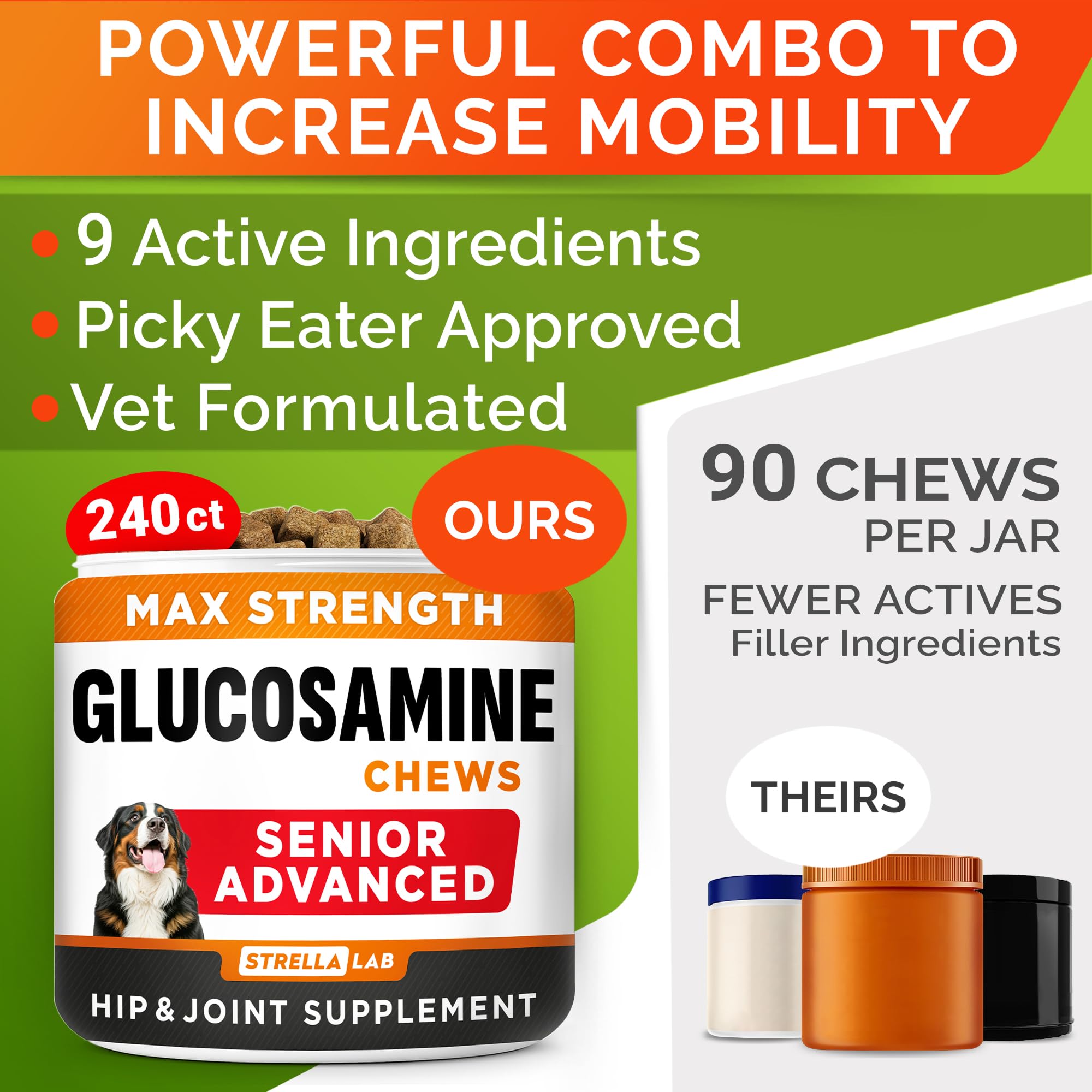 Omega-3 rich fish oil bottle complements the STRELLALAB dog joint formula.
