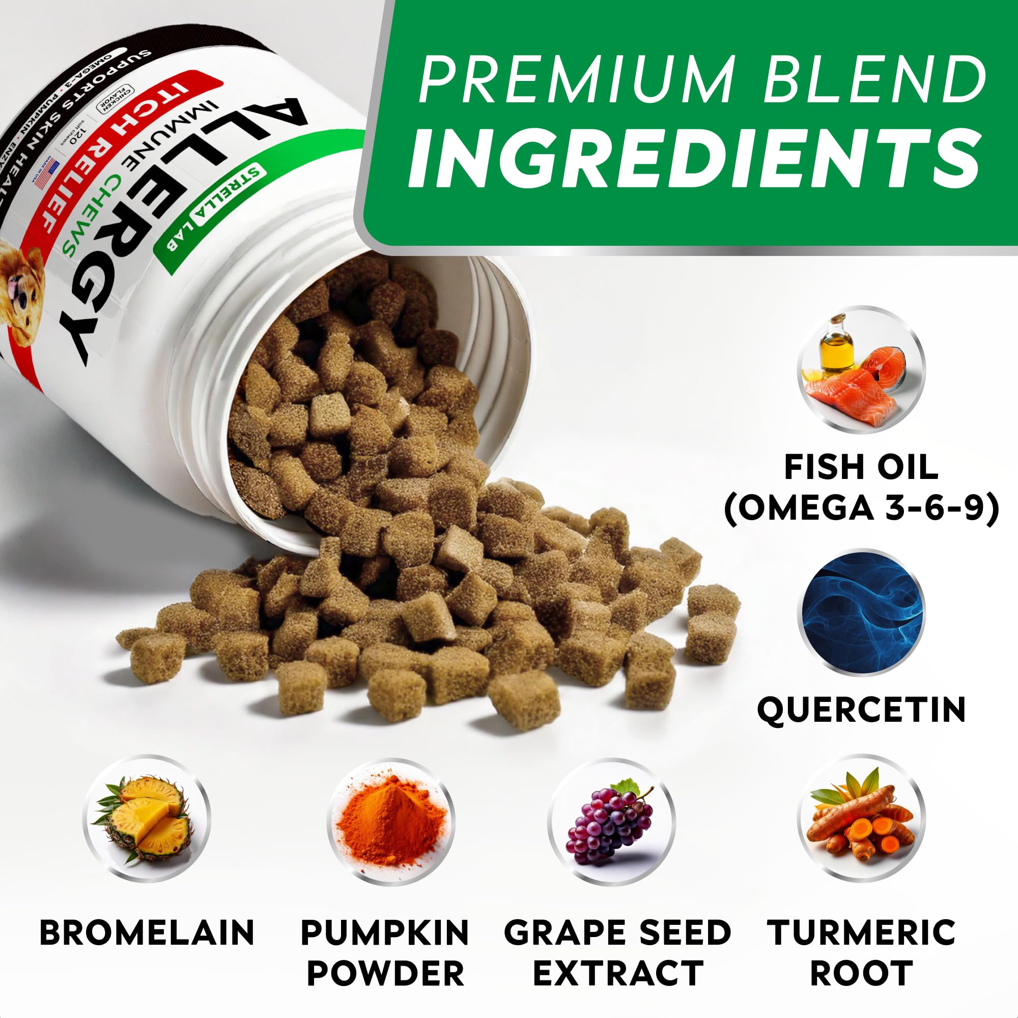 STRELLALAB omega-3 fish oil bottle highlights fatty acids for coat health.