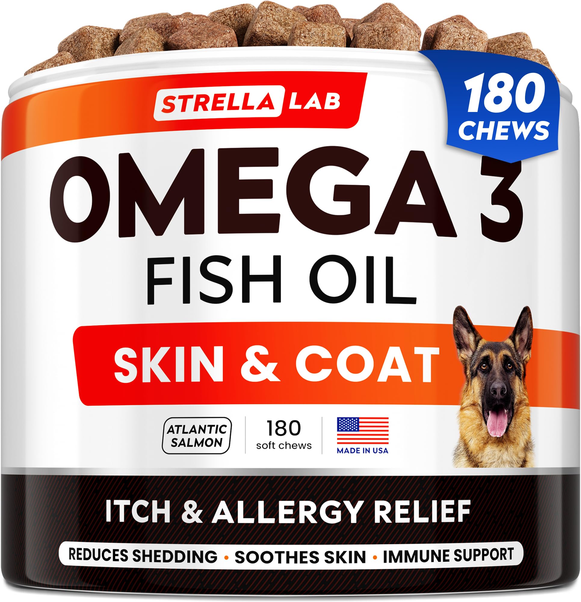 StrellaLab Omega3 dog treats in a jar for a glossy coat and healthy skin.