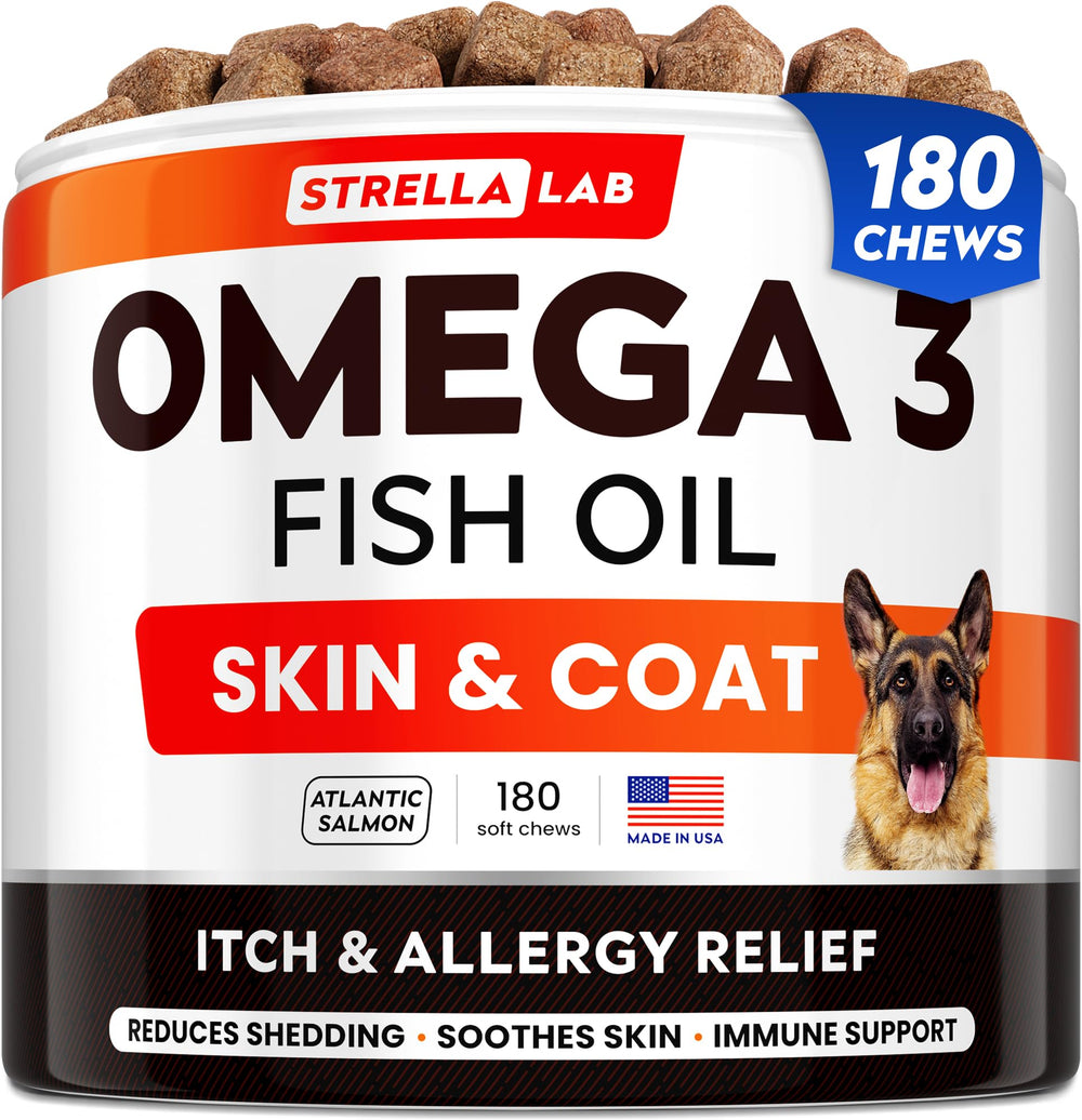 StrellaLab Omega3 dog treats in a jar for a glossy coat and healthy skin.