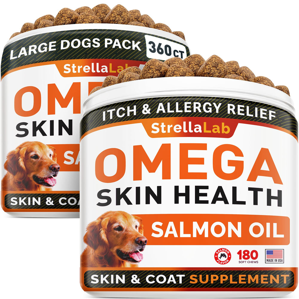 STRELLALAB Omega3 for Dogs bottle front showing salmon oil chews for healthy skin
