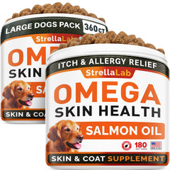 StrellaLab Omega3 for Dogs bottle image showing two jars for skin and coat support.