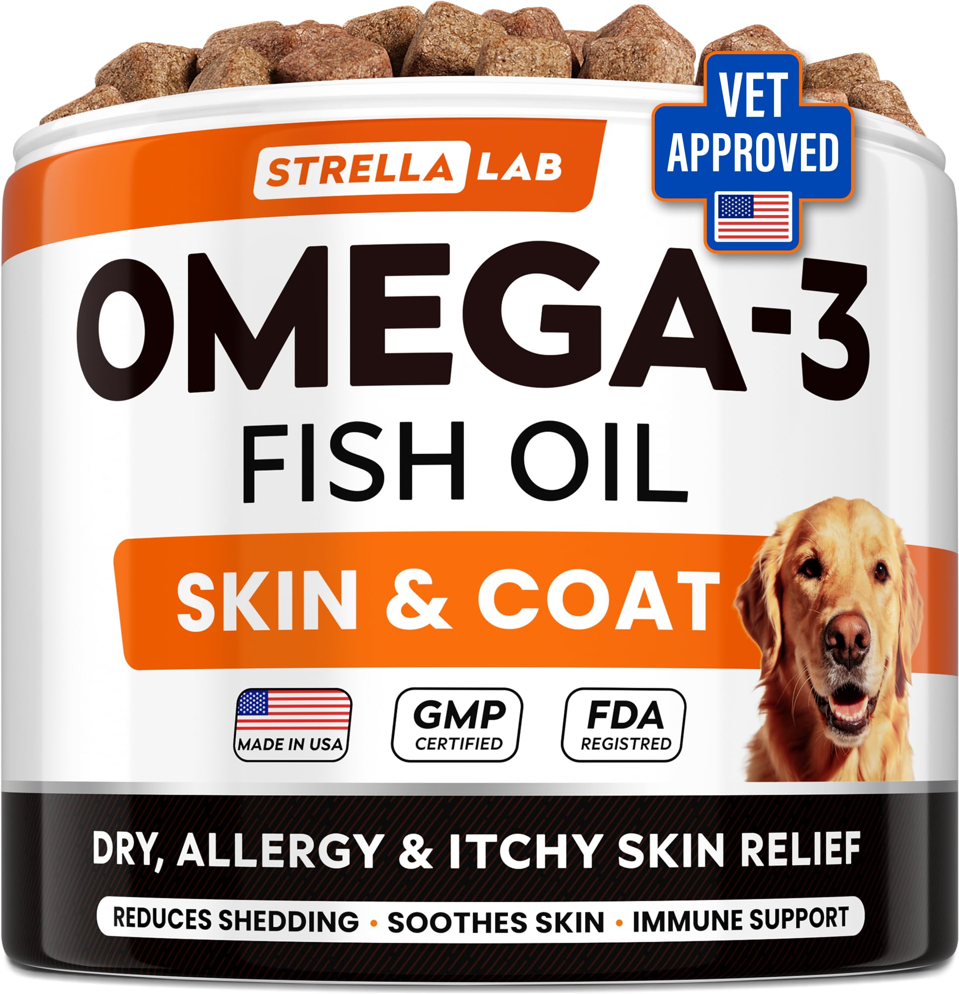 STRELLALAB Omega-3 dog chews bottle showing 180-count jar for easy feeding