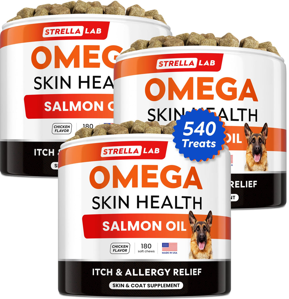 STRELLALAB Omega3 for Dogs chews pack supports skin and coat health.