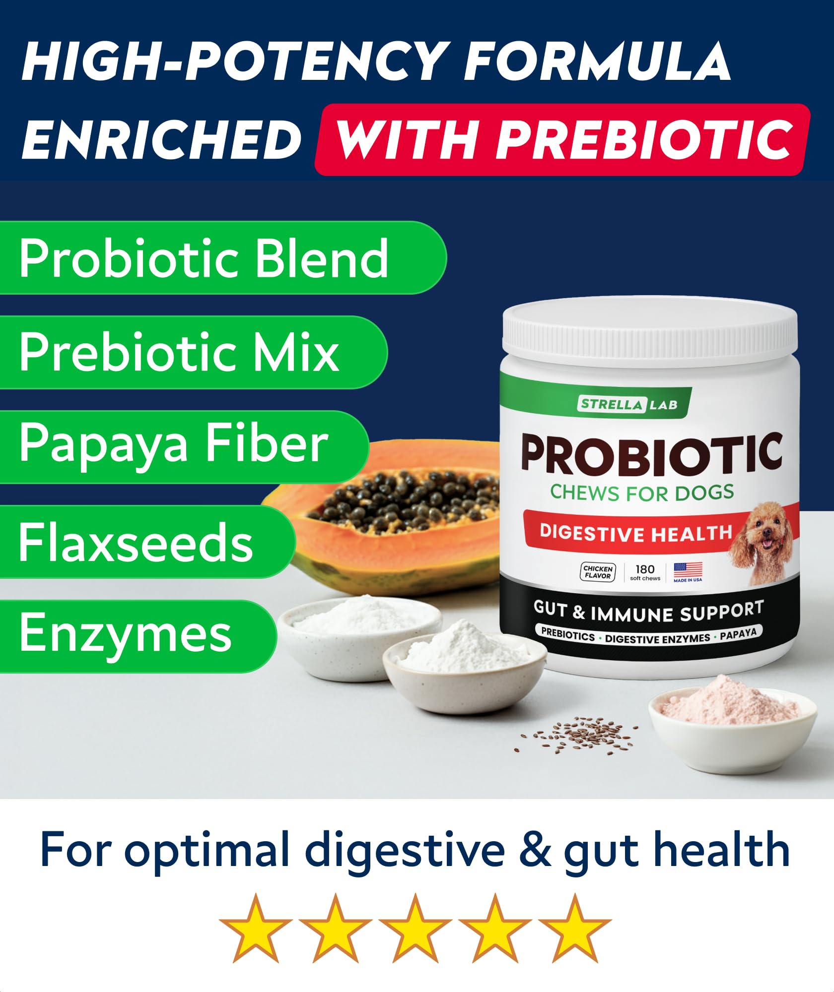 STRELLALAB Probiotics Chews enzyme blend close-up showcases natural ingredients