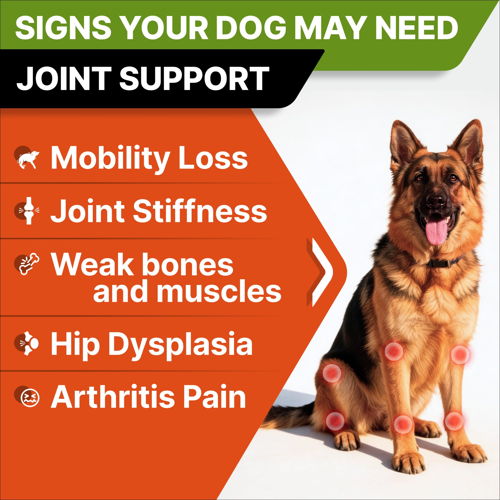 Bag of STRELLALAB senior joint chews designed for various breeds.