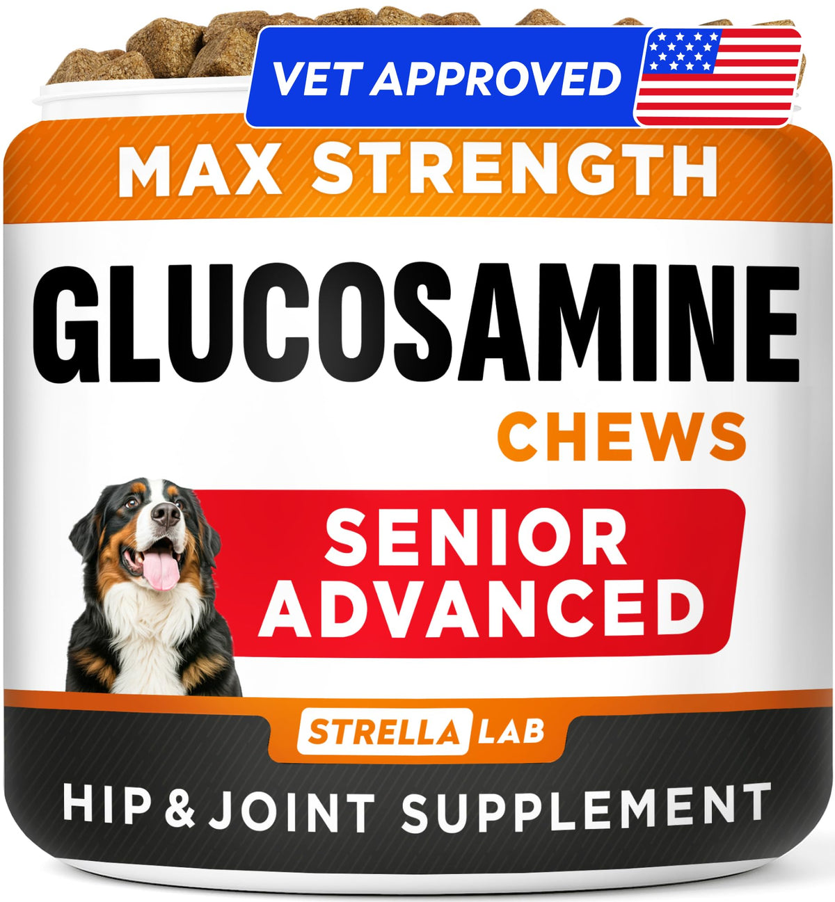 STRELLALAB Senior formula bottle showing dog joint chews for hip mobility.