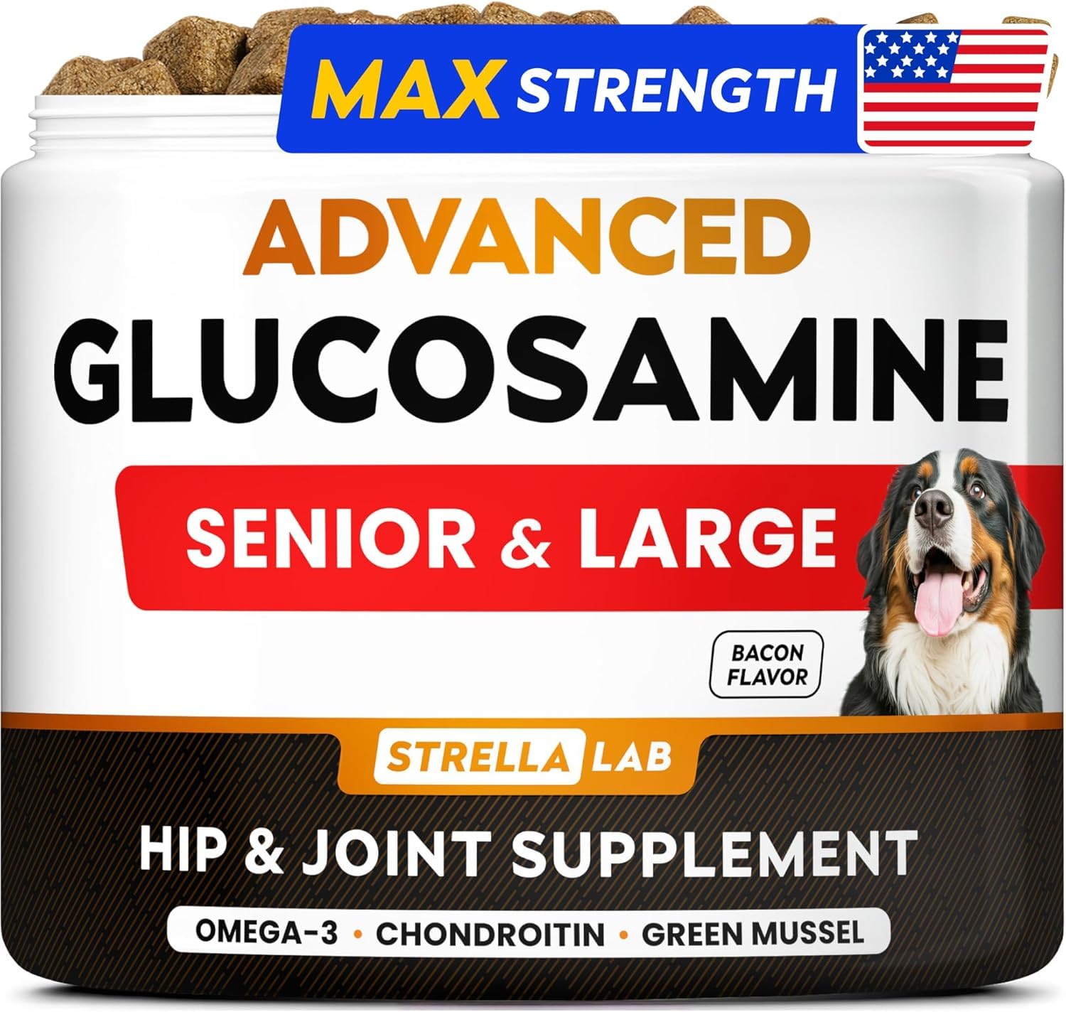 STRELLALAB senior glucosamine chews bag open, easy administration for aging dogs