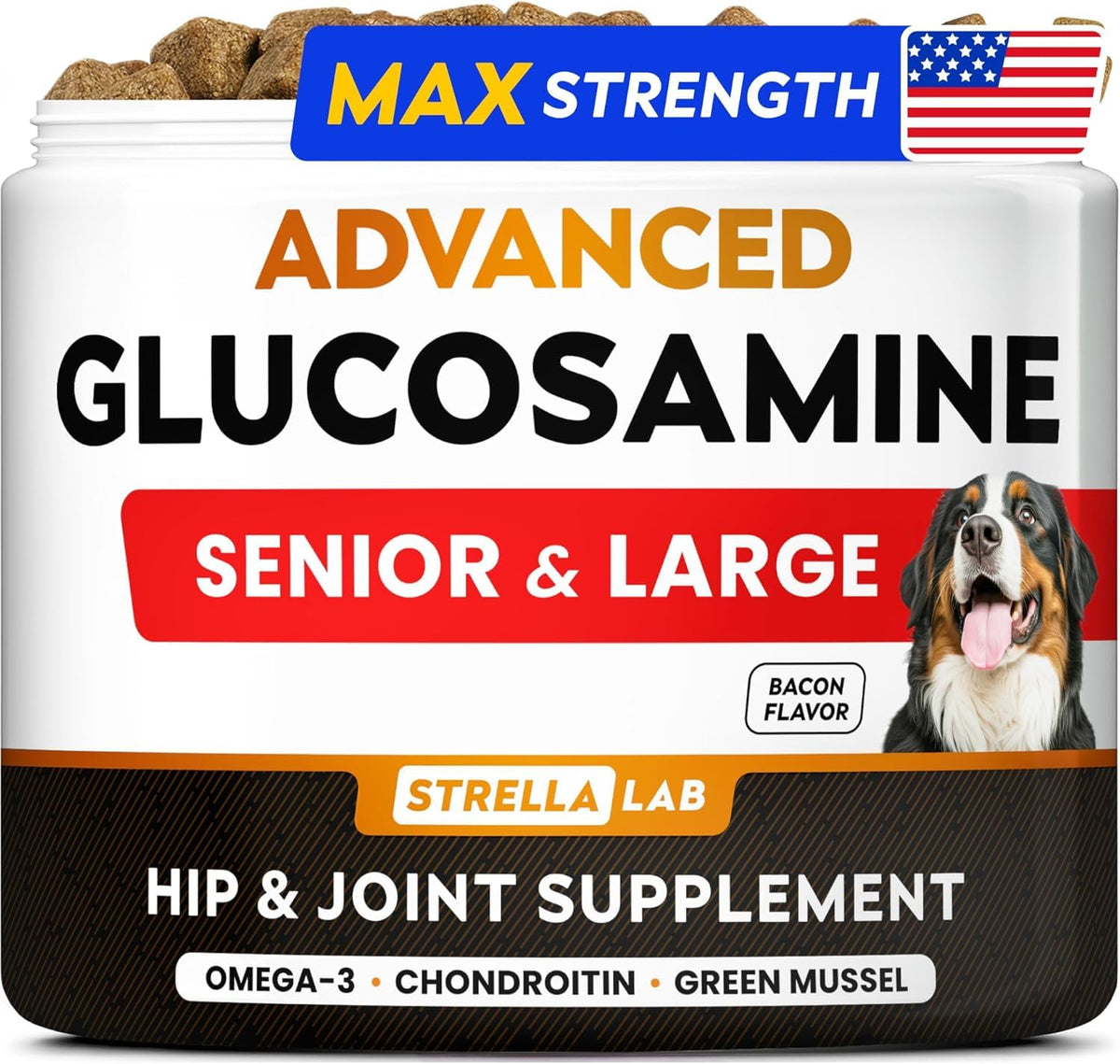 STRELLALAB senior glucosamine chews bag open, easy administration for aging dogs
