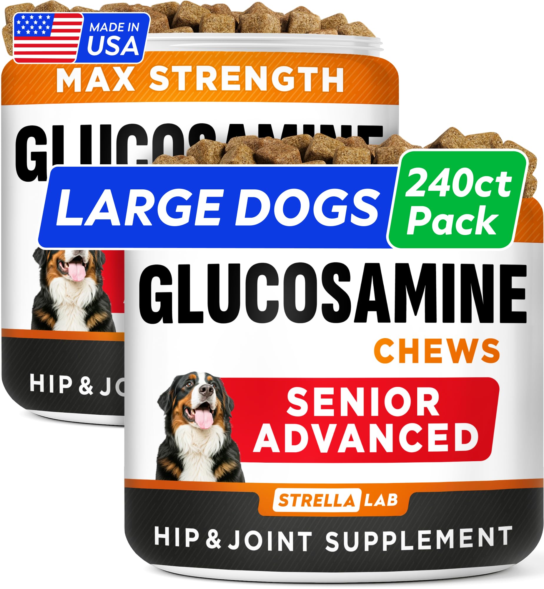 STRELLALAB senior joint chews jar front showing packaging and size for senior dogs' mobility support.