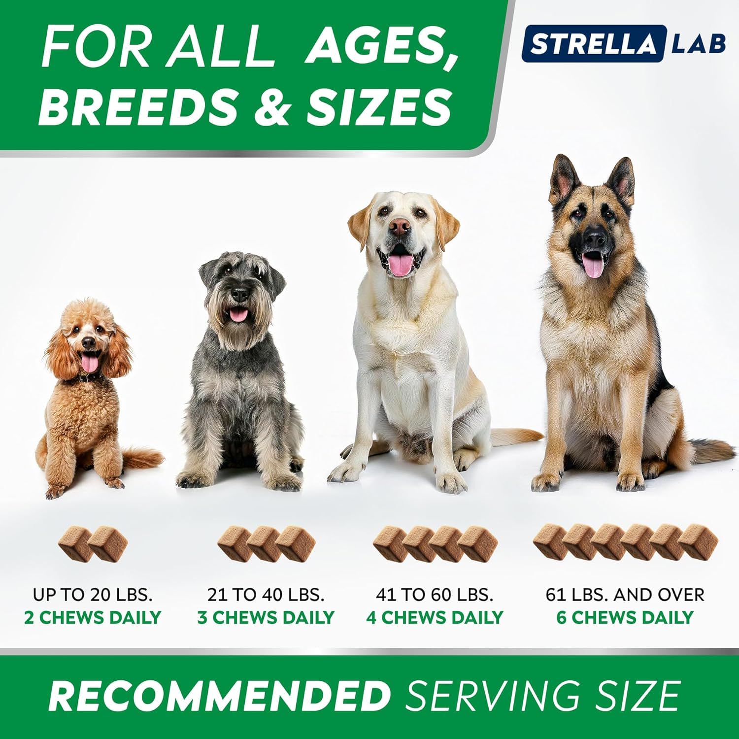 STRELLALAB 2-gram soft chews shown for easy chewing by puppies and seniors.