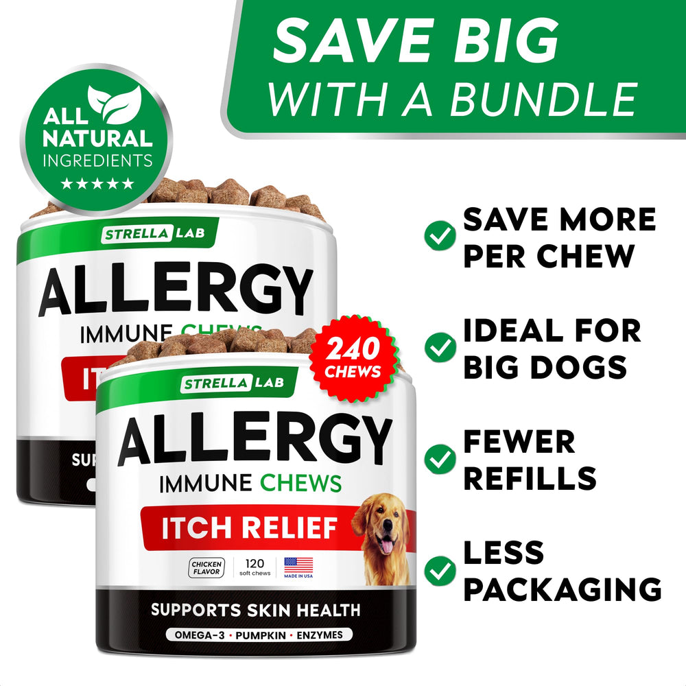 StrellaLab USA-made dog allergy chews box on shelf.