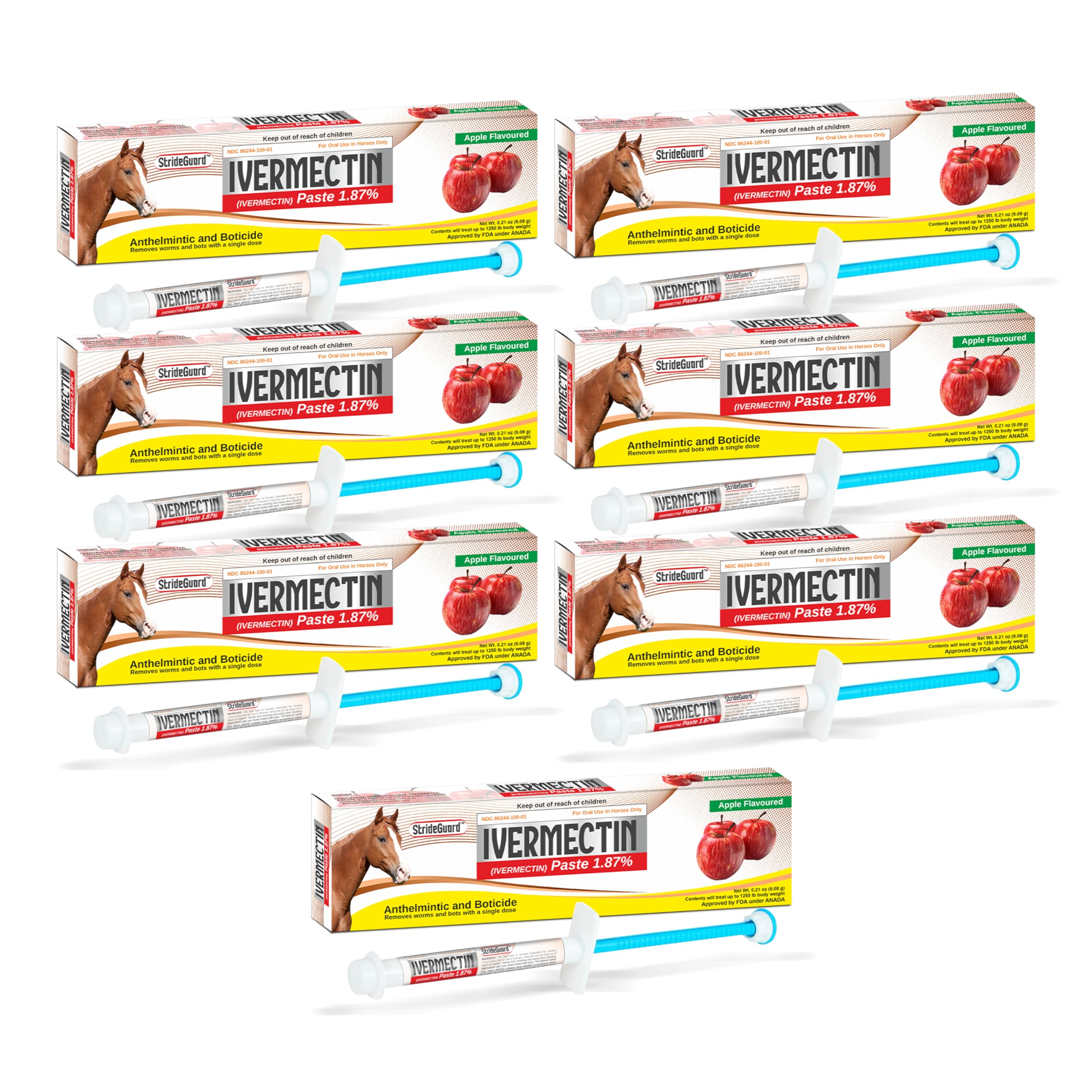 StrideGuard apple-flavored paste tube for horses, easy administration.