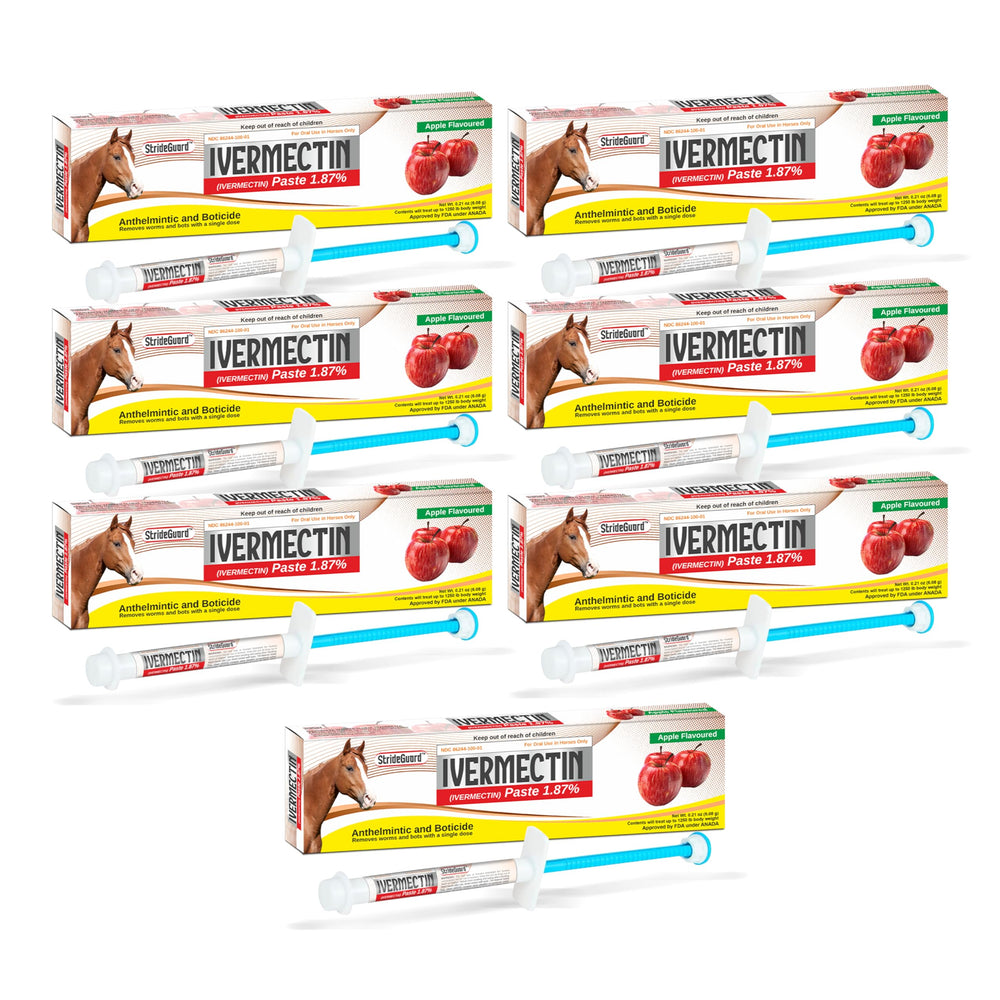 StrideGuard apple-flavored paste tube for horses, easy administration.