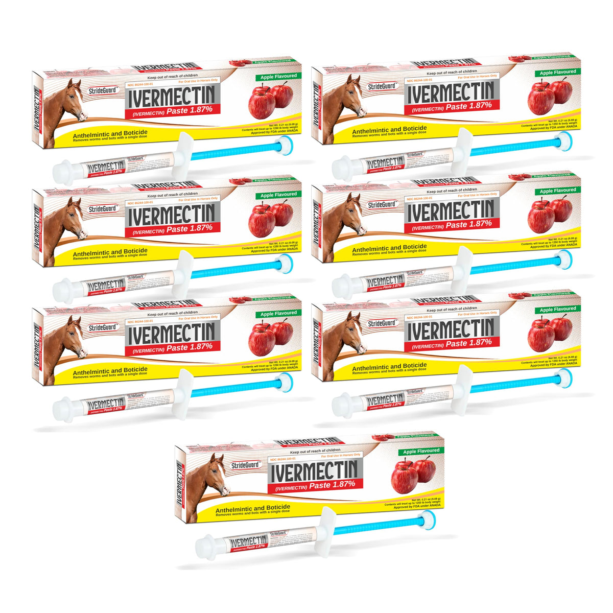 StrideGuard apple-flavored paste tube for horses, easy administration.